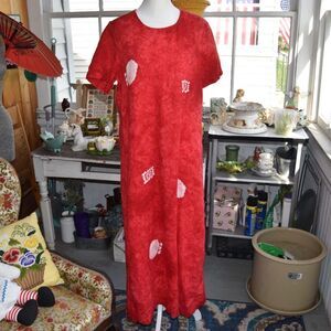 Vintage Blue Cactus Linen Maxi Dress Red Batik Southwest USA Womens L
